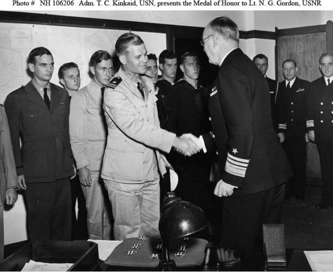 Vice Admiral Thomas C. Kinkaid, USN presents CMH to Lieutenant Nathan G. Gordon, USNR