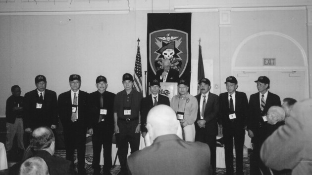 During the 2003 Special Operations Association Reunion in Las Vegas nine Kingbee pilots and crew members were recognized and loudly applauded by SOG recon men and families for their valor while flying top secret missions during the secret war in Vietnam. Kingbee Pilot Col. Thinh Dinh is on the far right. He was the pilot who rescued ST Louisiana from the A Shau Valley Aug. 3, 1968. 