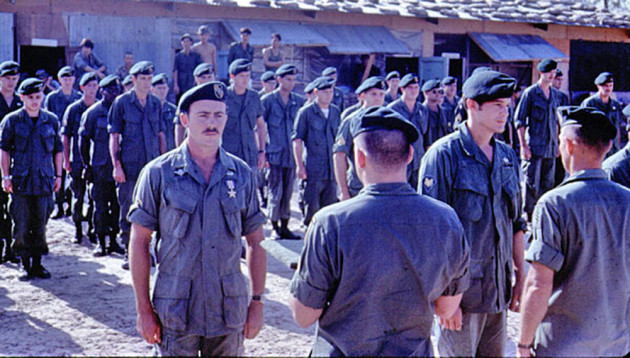 John T. Walton, on the right, is about to receive a Silver Star for valor stemming from the Aug. 3, 1968 SOG recon mission in the A Shau Valley. On the left, is Charles Borg, who received a Silver Star from an unrelated mission in Laos. The Green Berets were awarded their Silver Stars during an award formation at FOB 1 in Phu Bai. (Photo courtesy of Charles Borg.)