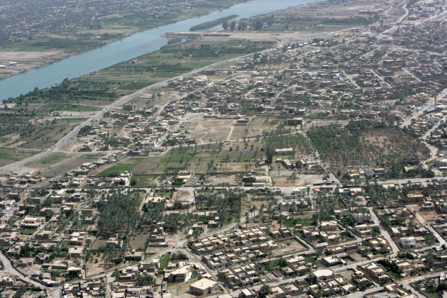 Shown here April 23, 2008, is an aerial view of the Euphrates River in Ramadi, Iraq, taken from a U.S. Marine Corps UH-1N Huey Helicopter flown by Marines of Marine Light Attack Helicopter Squadron (HMLA) 169, Marine Aircraft Group 16, 3rd Marine Aircraft Wing. (U.S. Marine Corps photo by Cpl. Jeremy M. Giacomino/Released)