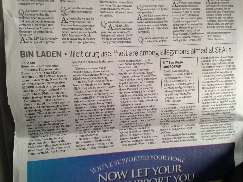 SOFREP on UT San Diego Front Page