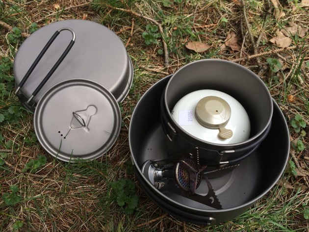 The kit nested together. A MSR Pocket Rocket fits inside as well