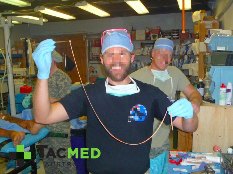 Shredded intestines from gunshot wounds to the legs (graphic)