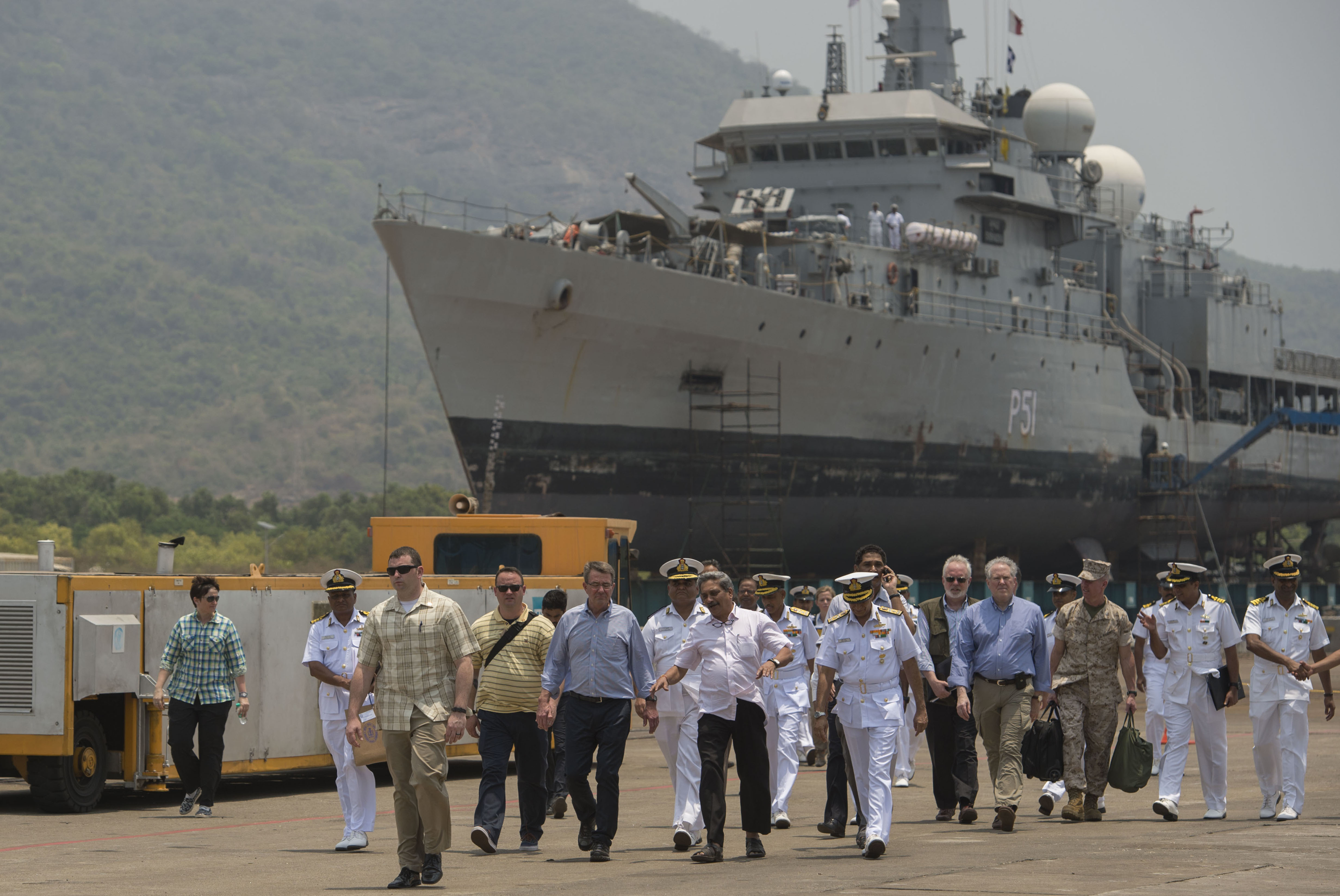 Secretary of Defense Ash Carter walks with Indian Defense Minister Manohar Parrikar as they tour Indian Naval Station Karwar as part of a visit to the Indian aircraft carrier INS Vikramaditya, April 11, 2016. Carter is visiting India to solidify the rebalance to the Asia-Pacific region.(Photo by Senior Master Sgt. Adrian Cadiz)(Released)