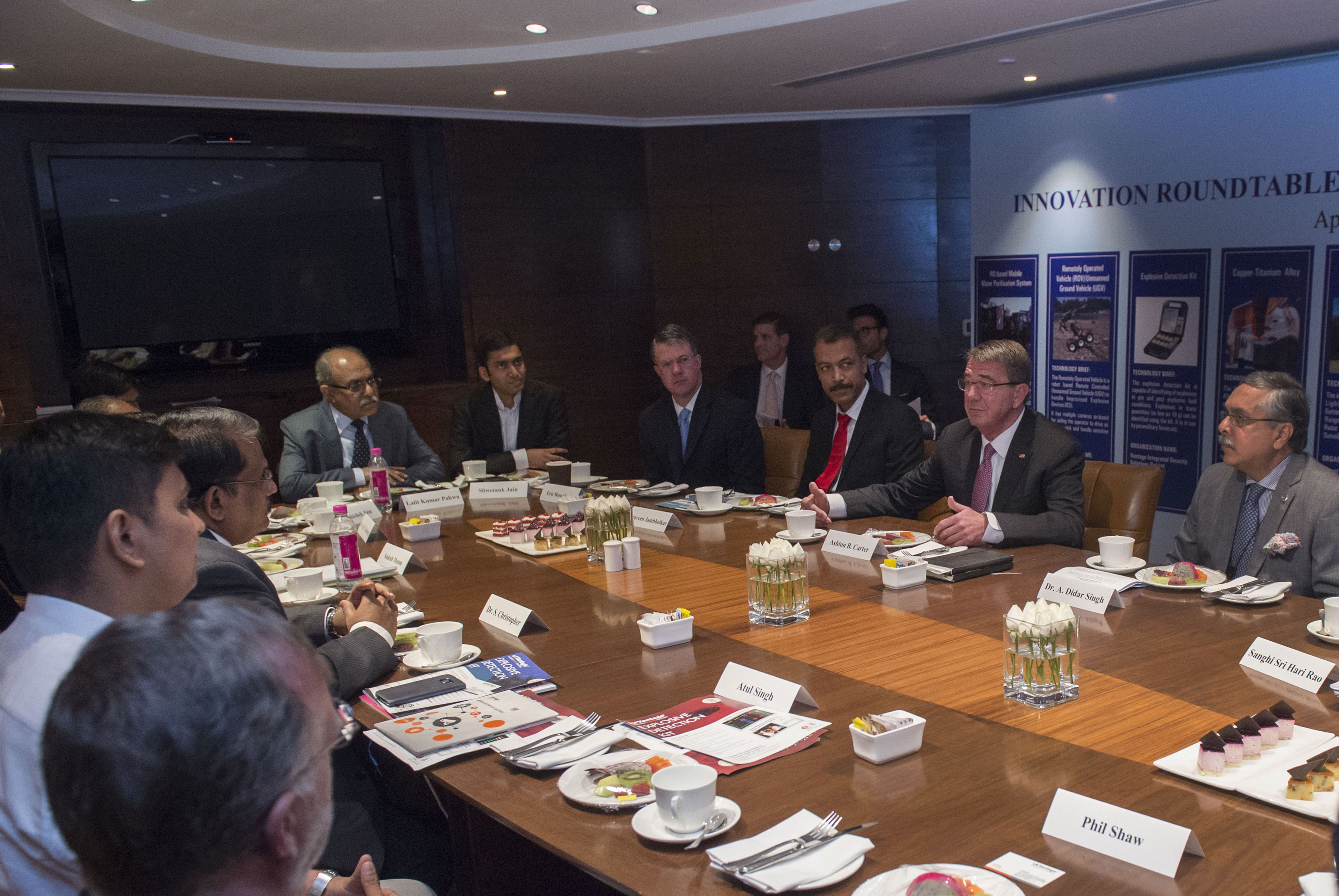 Secretary of Defense Ash Carter attends the Federation of Indian Chambers of Commerce and Industry (FICCI) Innovation Roundtable Breakfast & Interaction in New Dehli, India, April 12, 2016. Carter is visiting India to solidify the rebalance to the Asia-Pacific region. (Photo by Senior Master Sgt. Adrian Cadiz)(Released)