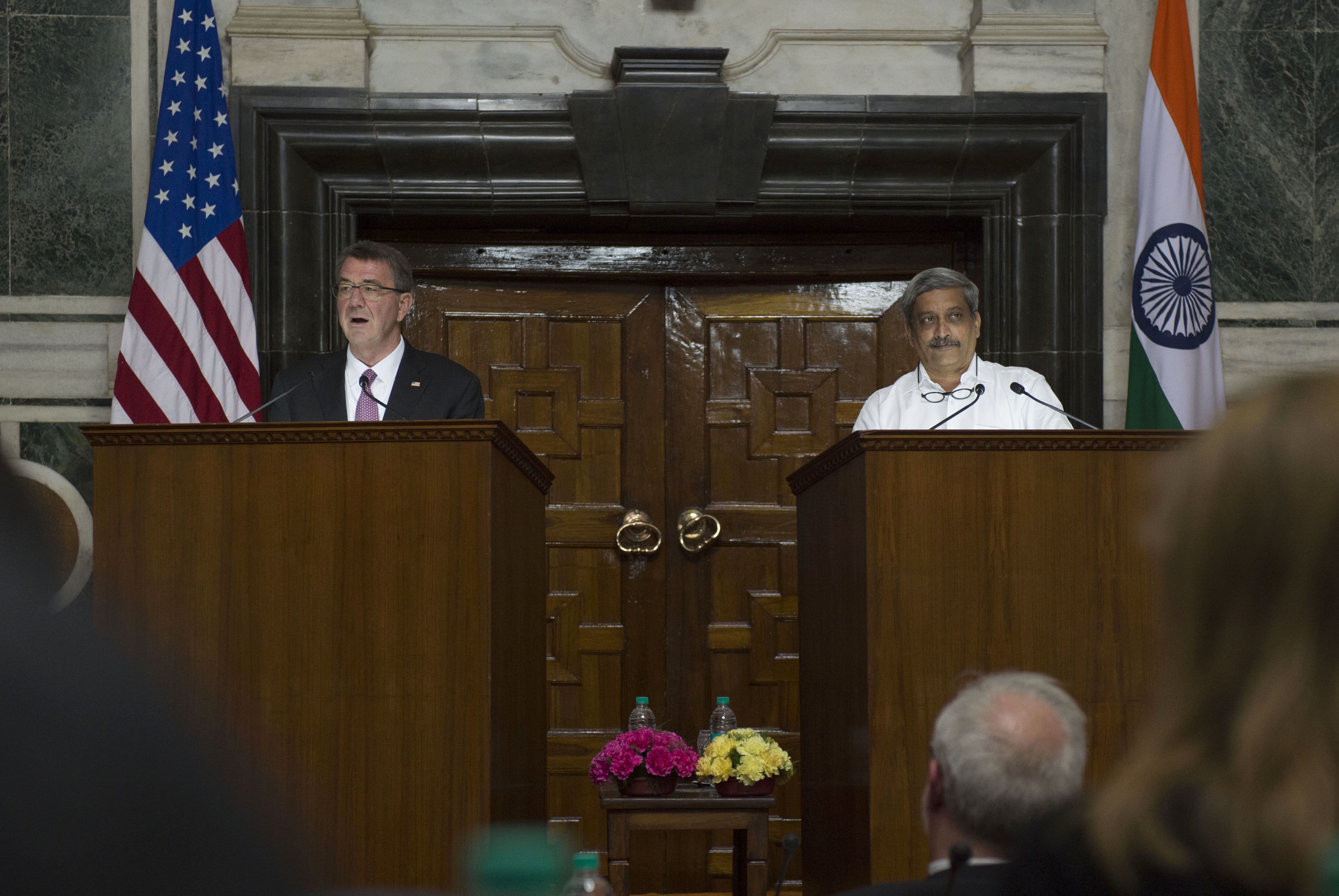 Secretary of Defense Ash Carter makes remarks during a joint press conference with Indian Defense Minister Manohar Parrikar in New Dehli, India, April 12, 2016. Carter is visiting India to solidify the rebalance to the Asia-Pacific region. (Photo by Senior Master Sgt. Adrian Cadiz)(Released)