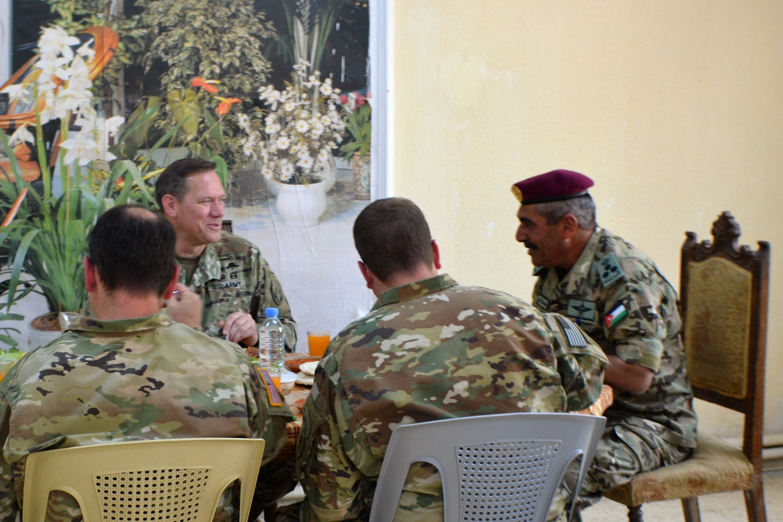 Brig. Gen. James D. Craig, Special Operations Command Central deputy commanding general joins Brig. Gen. Mohammed Al-Zboon, CJSOTF commander for mansaf, a traditional dish in the Hashemite Kingdom of Jordan, May 21.  Gen. Craig visited U.S. and Jordanian Special Operations Forces during Exercise Eager Lion 2016, a bi-lateral exercise between the Jordanian Armed Forces and the U.S. Military designed to strengthen relationships and interoperability between partner nations.  (U.S. Army photo by Maj. Tiffany M. Collins/Released)