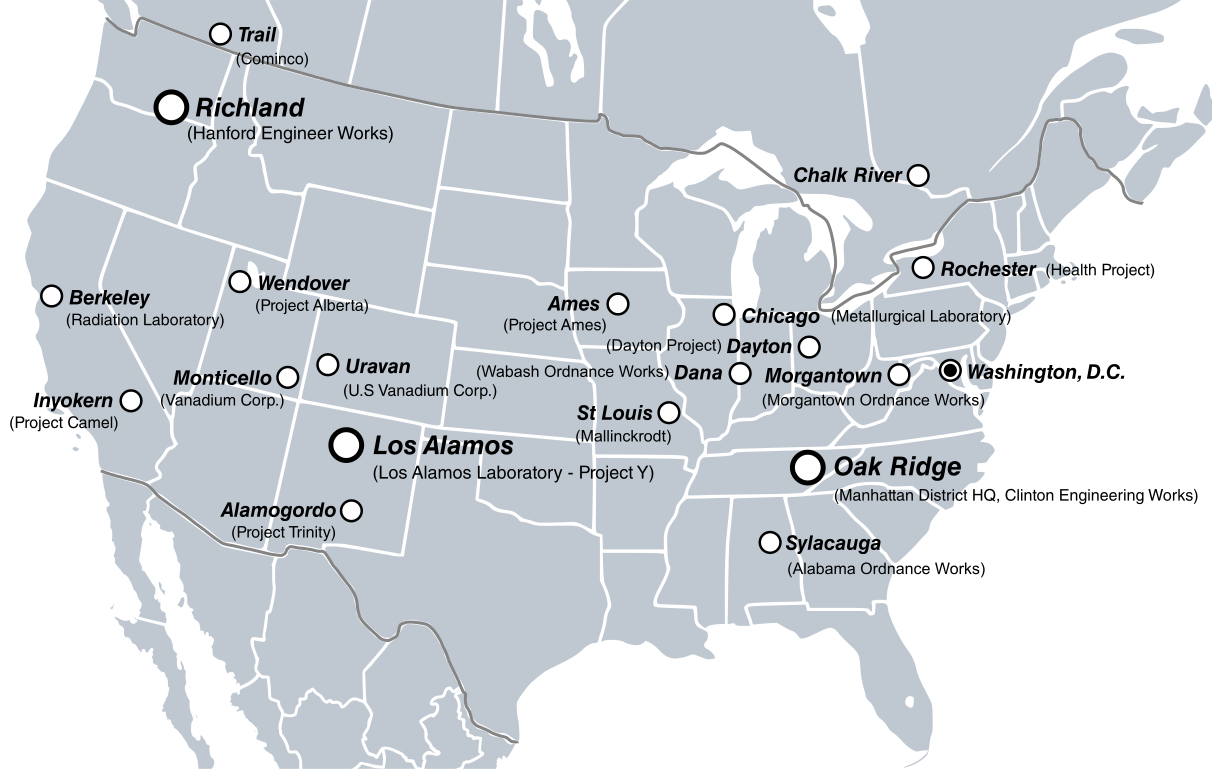 Major sites in the U.S. and Canada involved in the Manhattan Project. - Image courtesy of Wikimedia Commons.