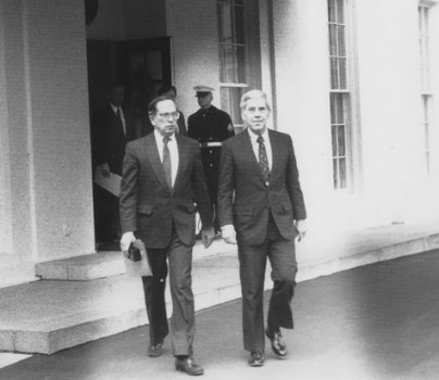 Then-U.S. Sens. Sam Nunn and Richard Lugar leave the White House in 1991 after briefing then-President George H.W. Bush on the Nunn–Lugar legislation. U.S. Senate photo