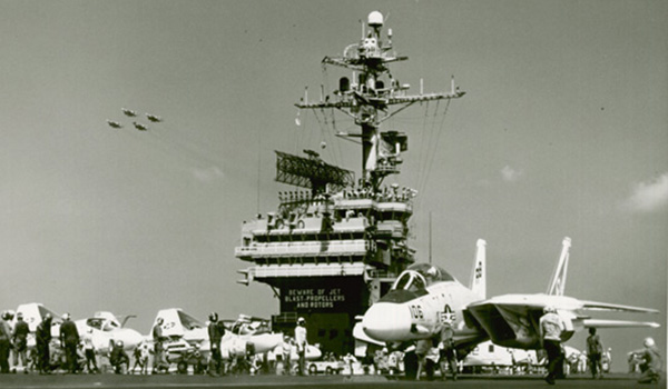 A Grumman F-14A Tomcat from VF-14 prepares to launch from John F. Kennedy’s No. 2 catapult on Aug. 28, 1975, during the ship’s Mediterranean deployment. Navy photo by Mate 3d Class T. Beitz
