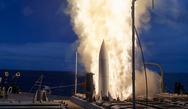 The Arleigh-Burke class guided-missile destroyer USS John Paul Jones (DDG 53) launches a Standard Missile 6 (SM-6) during a live-fire test of the ship's aegis weapons system. Over the course of three days, the crew of John Paul Jones successfully engaged six targets, firing a total of five missiles that included four SM-6 models and one Standard Missile-2 (SM-2) model. (U.S. Navy photo/Released)