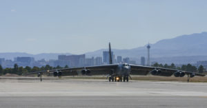 A B-52 Stratofortress, 96th Bomb Squadron, Barksdale Air Force Base, La., taxis before takeoff during Red Flag 16-3 at Nellis Air Force Base, (U.S. Air Force photo by Senior Airman Kristin High/Released)