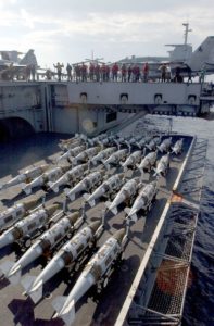 The Mediterranean Sea (Mar. 21, 2003) -- 2,000-lb. Joint Directional Attack Munitions (JDAMs) are loaded onto one of four aircraft elevators for transport to the ship's flight deck aboard USS Harry S. Truman (CVN 75). U.S. Navy photo by Photographer's Mate 3rd Class Danny Ewing Jr