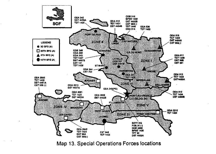 Map of SFODA locations in Haiti during Operation Uphold Democracy
