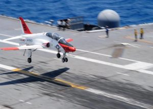 (July 11, 2016) - A T-45C Goshawk, assigned to Training Air Wing (TRAWING) 1, lands on the flight deck of the aircraft carrier USS George Washington (CVN 73). Washington, homeported in Norfolk, is underway conducting carrier qualifications in the Atlantic Ocean. (U.S. Navy photo by Mass Communication Specialist Seaman Michael E. Wiese/Released)