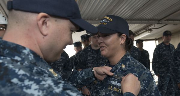 First female enlisted sailor pins on her submariner’s “Silver Dolphins”