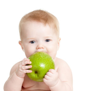 Baby boy holding and eating green apple, isolated on white