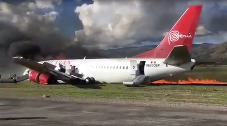 Watch: Peruvian Airlines Boeing 737 Skids Off Runway and Catches Fire