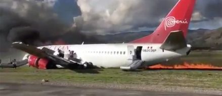 Watch: Peruvian Airlines Boeing 737 Skids Off Runway and Catches Fire