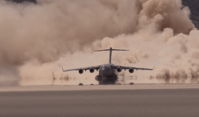 Watch: Air Force C-17 takes off from Delamar Dry Lake Bed ‘Texas Lake’