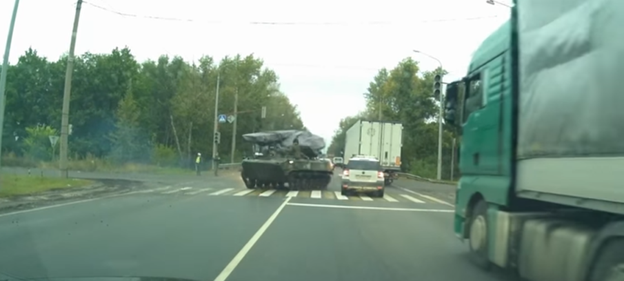 Watch: Russian dashcam shows armored BMD-4 fishtail and punt a civilian SUV in traffic