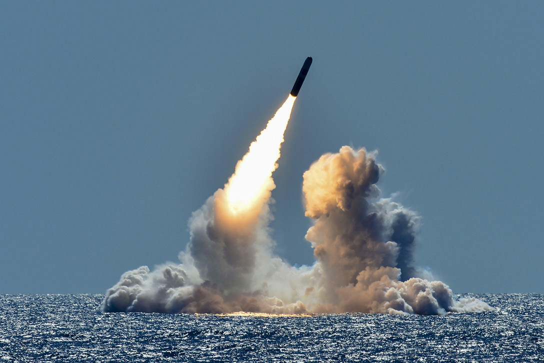 Trident II D5 missile launches from the ballistic missile submarine USS Nebraska