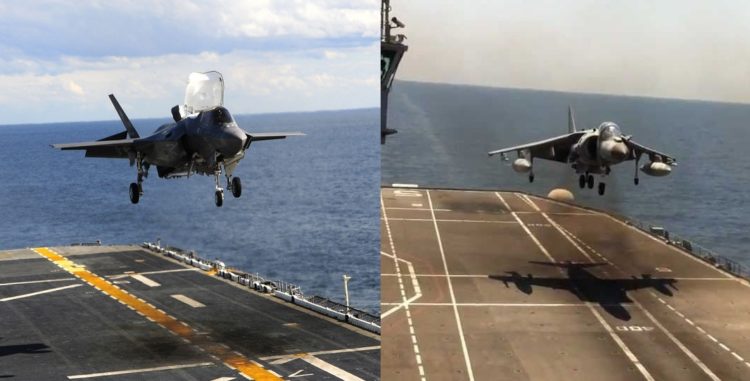 Watch the incredible difference between Harriers and F-35Bs as they conduct vertical landings on carriers