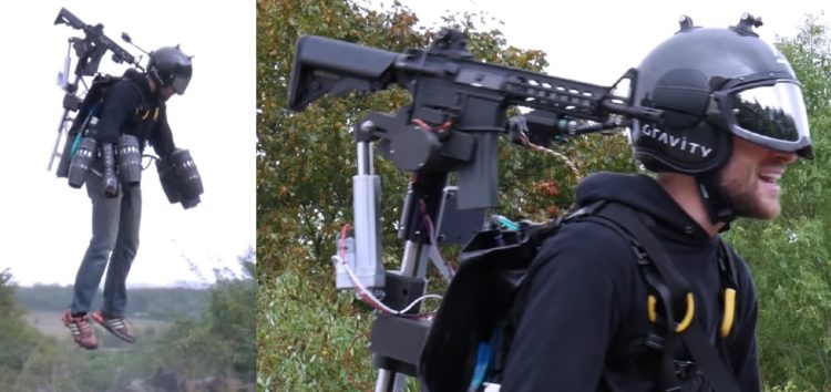 This jet pack-mounted rifle turret looks like a great way to burn your face off and go deaf