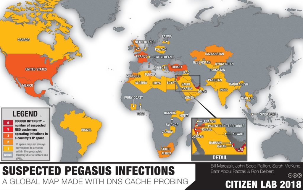 Suspected infections by NSO Group's Pegasus spyware.
