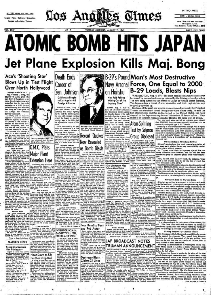 LA Times cover atomic bomb Richard Bong