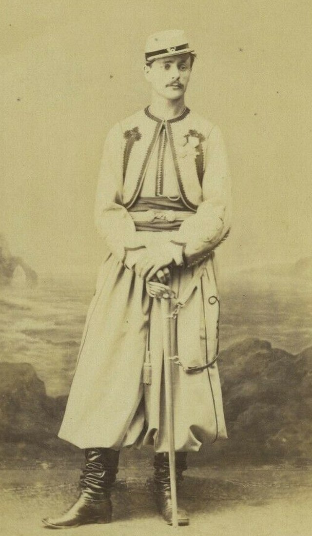 A Papal Zouave in Uniform, 1860 (Wikicommons Media). Source: https://commons.wikimedia.org/wiki/File:Comte_Robert_de_Bourbon-Busset,_zouave_pontifical.jpg
