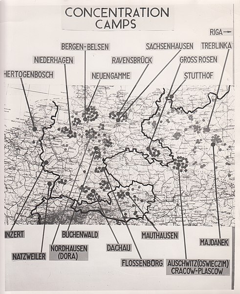 Map of Nazi concentration camps exhibited at Pohl Trial (Wikimedia Commons). Source: https://commons.wikimedia.org/wiki/File:Map_of_Nazi_concentration_camps.jpg