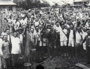 Former Cabanatuan POWs celebrate after successful raid on prison camp (Wikipedia). Source: https://en.wikipedia.org/wiki/Raid_at_Cabanatuan#/media/File:POWs_celebrate.jpg