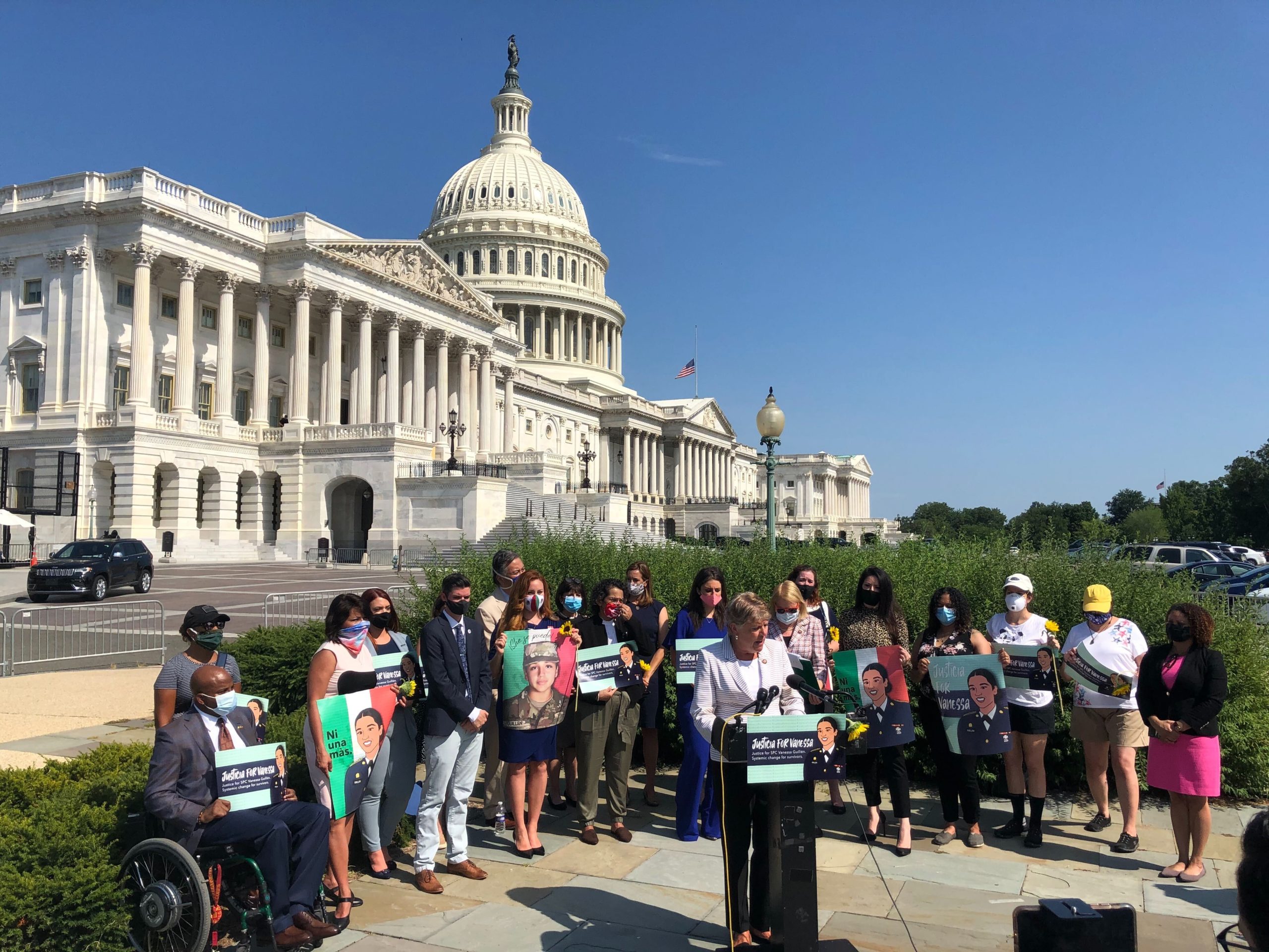 Women activists demanding justice for Vanessa Guillen who was sexually harassed before she was killed in Fort Wood (Wikimedia Commons). Source: https://commons.wikimedia.org/wiki/File:Press_conference_demanding_justice_for_Vanessa_Guill%C3%A9n,_Washington,_D.C._(July_21,_2020).jpg