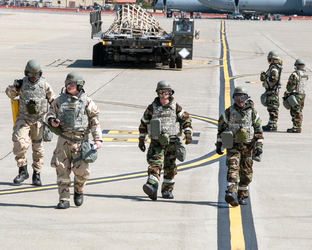 U.S. Air Force Airmen assigned to the 60th Aerial Port Squadron perform a cargo load during a readiness exercise at Travis Air Force Base, California, May 7, 2019 (DVIDS). Source: https://www.dvidshub.net/image/5343916/travis-air-force-base-exercise
