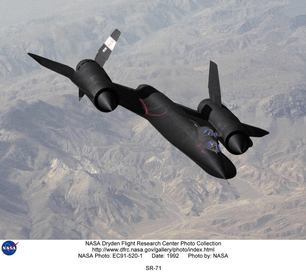 NASA's SR-71B, one of three triple-sonic SR-71s loaned to NASA by the Air Force, cruises over the Tehachapi Mountains on a flight from the NASA Ames-Dryden Flight Research Facility (later, Dryden Flight Research Center), Edwards, California (DVIDS). Source: https://www.dvidshub.net/image/736112/sr-71