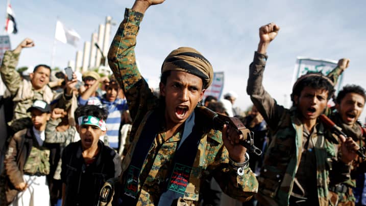 Houthi militia attending a rally to mark the 4th anniversary of the Saudi-led military intervention in Yemen, 2019 (Reuters via CNBC). Source: https://www.cnbc.com/2019/06/12/saudi-airport-hit-by-cruise-missile-yemens-houthis-claim.html