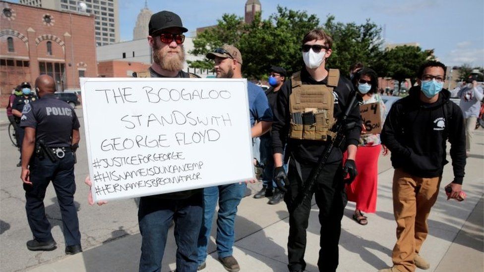 Some armed supporters of the anti-government "boogaloo" movement were seen supporting BLM protesters at this separate rally in Detroit (Reuters via BBC). Source: https://www.bbc.com/news/world-us-canada-53076159