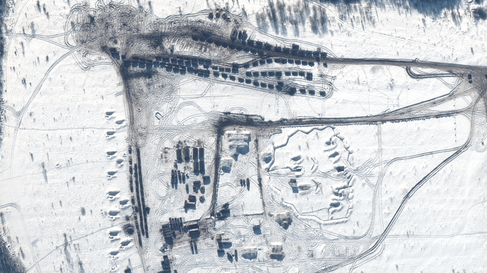 A satellite image showing the wide-scale Russian military activity along the Ukraine border, which many believe to be in preparation for a Russian invasion (MAXAR via BBC). Source: https://www.bbc.com/news/world-europe-60421378