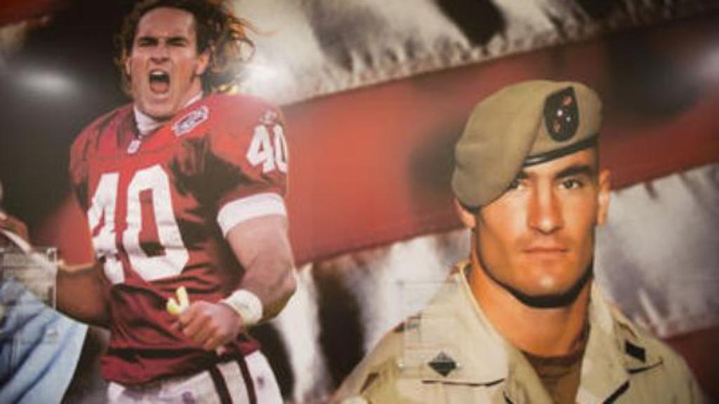 Pat Tillman in his NFL Arizona Cardinals uniform (left) and him in his military uniform (right) (rosemountfootball.com). Source: https://www.rosemountfootball.com/pat-tillman-award