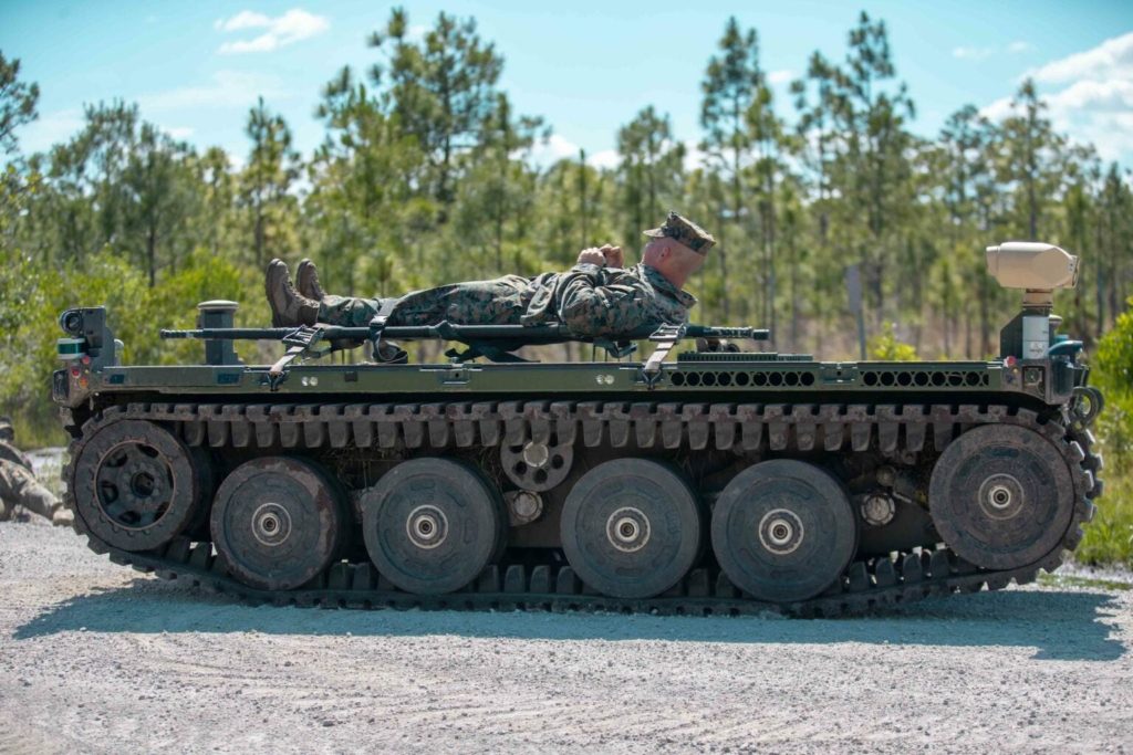The Marines testing out an EMAV for casualty transport at Camp Lejeune, North Carolina, 2021 (US Marines via Popsci). Source: https://www.popsci.com/technology/marines-test-emav-robotic-stretcher/