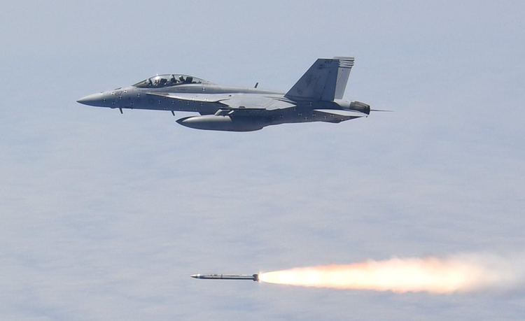 The AARGM-ER is launched from a US Navy F/A-18 during a successful live fire test at Point Mugu Sea Test Range, California. (U.S. Navy Photo via Northrop Grumman). Source: https://news.northropgrumman.com/news/releases/northrop-grummans-advanced-anti-radiation-guided-missile-extended-range-transitions-into-low-rate-initial-production
