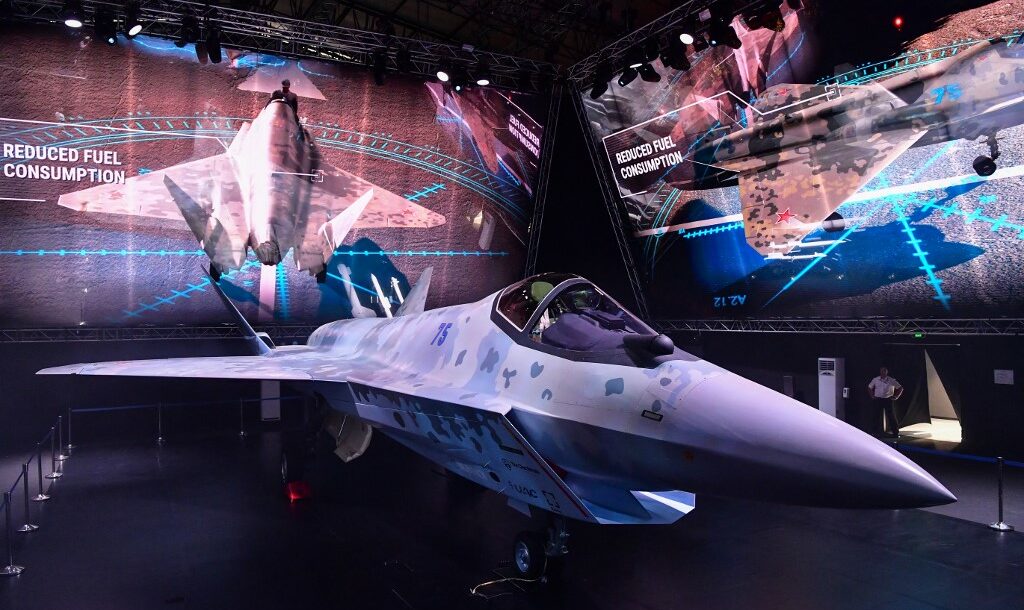 A prototype of Russia's new Sukhoi Checkmate Fighter is displayed at the MAKS 2021 International Aviation and Space Salon, in Zhukovsky, outside Moscow, Russia (Alexey Maishev/Sputnik via Insider). Source: https://www.businessinsider.com/russia-unveils-a-new-fighter-jet-putin-praises-aviation-industry-2021-7