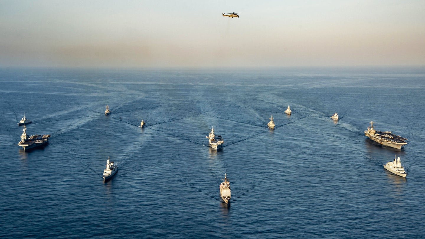 The Harry S. Truman Carrier Strike Group with French carrier Charles de Gaulle, and an Italian strike carrier Cavour in the Mediterranean Sea (The War Zone). Source: https://www.thedrive.com/the-war-zone/44184/three-nato-carrier-groups-are-exercising-together-in-the-mediterranean