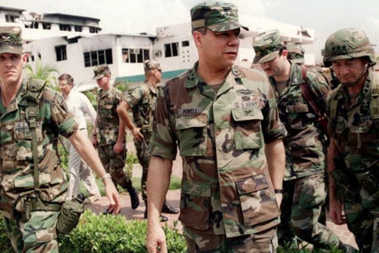 General Colin Powell touring Panama after the U.S. ousted its leader Noriega.