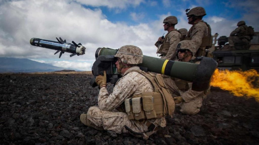 A Javelin being fired by a US Marine at a simulated enemy tank at Pohakuloa Training Area in Hawaii (US Marine Corps via Raytheon). Source: https://www.raytheonmissilesanddefense.com/what-we-do/land-warfare/precision-weapons/javelin-missile