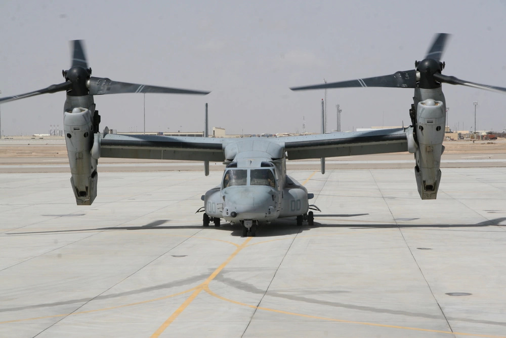 An MV-22B Osprey with Marine Medium Tiltrotor Squadron 261 maneuvers along the flightline aboard Camp Bastion, Helmand province, Afghanistan, April 5, 2014 (DVIDS). Source: https://www.dvidshub.net/image/1233865/marine-nco-discusses-mission-sets-example-junior-marines