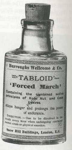 Forced March Tablets were issued to troops in the First World War, containing both coca leaf extract (cocaine) and kola nut (caffeine)