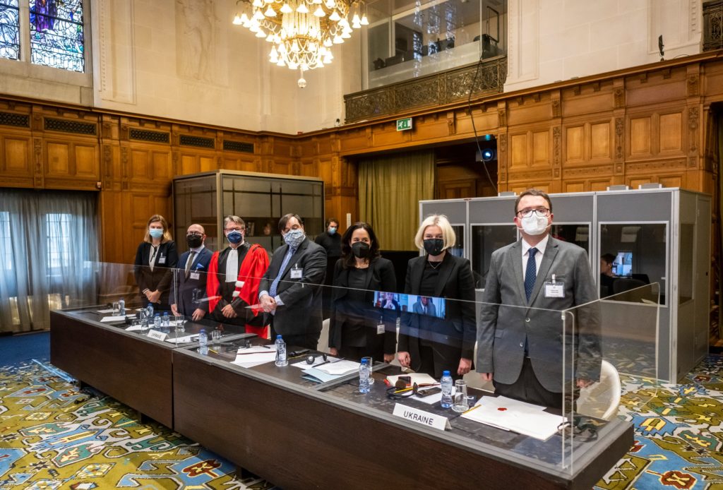 The Ukrainian Delegation to the ICJ during the hearing (ICJ Official Twitter Account). Source: https://twitter.com/CIJ_ICJ/status/1504172244758585345/photo/3