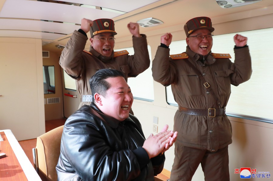 North Korean Leader Kim Jong-un celebrating the successful launch of the Hwasong-17 (BNO News Twitter Account). Source: https://twitter.com/BNONews/status/1507163549755396097